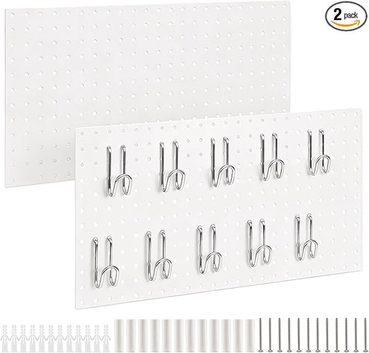 DEWEL Peg Board, 23" x 12" Peg Board Tool Organizer Panel Set, 2 Pack Metal Pegboard Panels with Accessories, Heavy Duty Pegboard for Walls Home, Garage, Office, Craft Room, Kitchen（2pcs white）