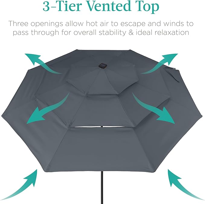 Best Choice Products 10ft 3-Tier Solar Patio Umbrella, Outdoor Market Sun Shade for Backyard, Deck, Poolside w/ 24 LED Lights, Tilt Adjustment, Easy Crank, 8 Ribs - Slate