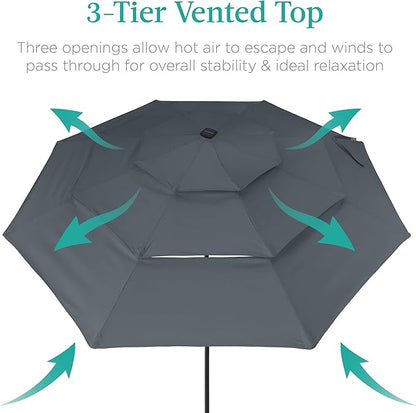 Best Choice Products 10ft 3-Tier Solar Patio Umbrella, Outdoor Market Sun Shade for Backyard, Deck, Poolside w/ 24 LED Lights, Tilt Adjustment, Easy Crank, 8 Ribs - Slate
