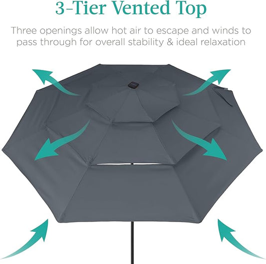 Best Choice Products 10ft 3-Tier Solar Patio Umbrella, Outdoor Market Sun Shade for Backyard, Deck, Poolside w/ 24 LED Lights, Tilt Adjustment, Easy Crank, 8 Ribs - Slate