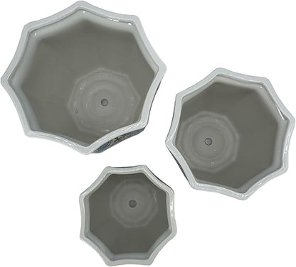 Galt International Light Blue & White Round Fluted Floral Porcelain Ceramic Plant Flower Planter Pot Set of 3 (7.5", 10", 13") Garden Pots Chinese Asian Design