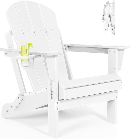 Folding Adirondack Chairs - Plastic Adirondack Chairs with Cup Holder, Weather Resistant for Outdoor, Patio, Lawn, Garden, Backyard Deck, Fire Pit - White