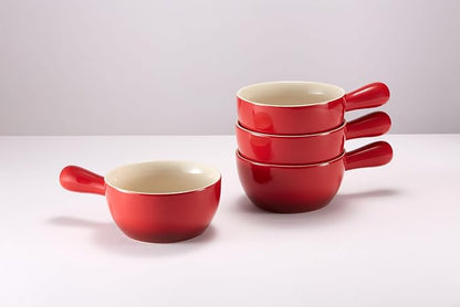 Kook French Onion Soup Crocks, Stackable Ceramic Bowls with Handles, Oven, Microwave and Dishwasher Safe, for Cereal, Soups, Casseroles, with Handle, Stoneware, 24 oz, Set of 4, Crimson Ombre