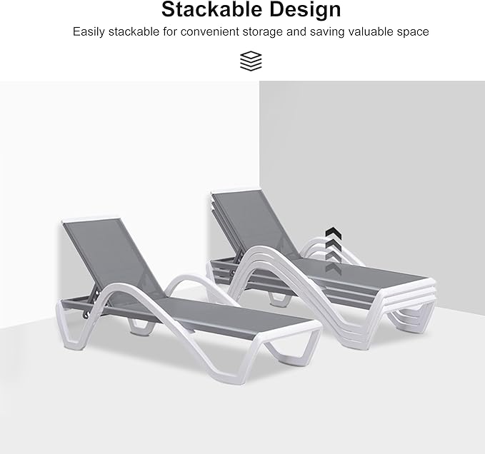 PURPLE LEAF Patio Chaise Lounge Chair Set of 3 Outside Aluminum Plastic Stackable Tanning Chairs with Armrests and Side Table for Pool Sunbathing Beach Deck Outdoor Lounger, Light Gray