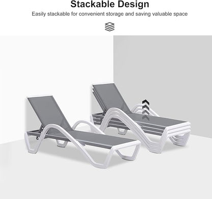 PURPLE LEAF Patio Chaise Lounge Chair Set of 3 Outside Aluminum Plastic Stackable Tanning Chairs with Armrests and Side Table for Pool Sunbathing Beach Deck Outdoor Lounger, Light Gray