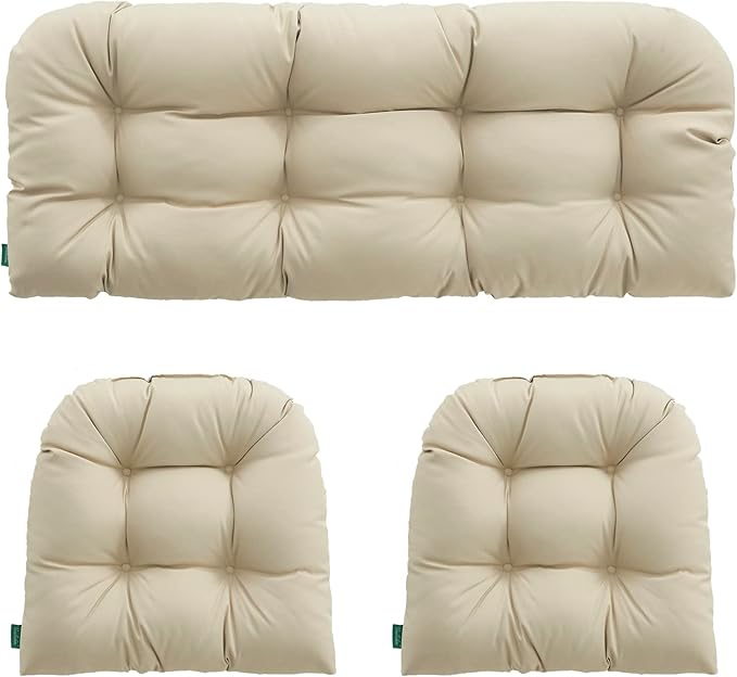 Outdoor/Indoor All Weather Tufted Wicker Chair Cushions of 3 Pieces, 1 Loveseat and 2 U-Shape Waterproof Cushions for Patio Furniture,Wicker Loveseat,Bench-Beige