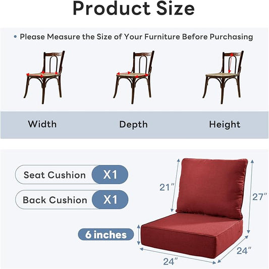 6 inches Thicker Outdoor Chair Cushions Set- 24" *24" *6" Waterproof Patio Furniture Cushions with Removable Cover, 28D High Density Sponge Filling Thicken Outdoor Patio Cushions - Red