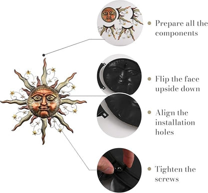 TERESA'S COLLECTIONS Sun Metal Wall Art for Outdoor Decor,25" Bronze Sun Face 3D Wall Decor for Garden Decor,Rustic Retro Hanging Sculpture for Outside Living Room Home Patio Farmhouse Gifts for Mom