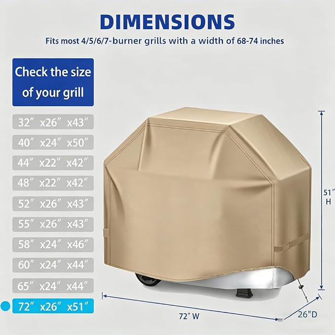 BBQ Gas Grill Cover for Outdoor, Anti-UV, Rip-Proof, 600D Oxford Fade Resistant Material, Barbecue Cover with Hook and Loop Straps & Adjustable Hem Drawstring (Beige, 72”x26”x51”)
