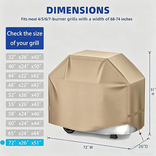 BBQ Gas Grill Cover for Outdoor, Anti-UV, Rip-Proof, 600D Oxford Fade Resistant Material, Barbecue Cover with Hook and Loop Straps & Adjustable Hem Drawstring (Beige, 72”x26”x51”)