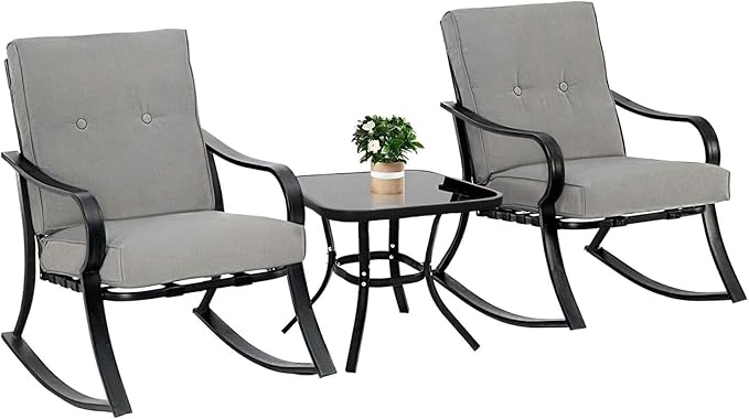 Oakcloud Oakmont Outdoor Furniture 3 Piece Conversation Bistro Set Rocking Chairs and Glass Top Table, Thick Cushions, Black Steel (Grey)