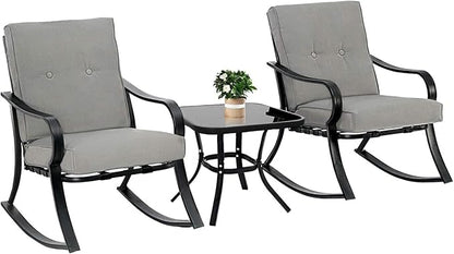 Oakcloud Oakmont Outdoor Furniture 3 Piece Conversation Bistro Set Rocking Chairs and Glass Top Table, Thick Cushions, Black Steel (Grey)