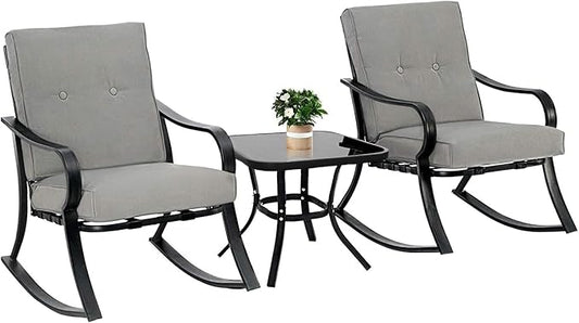 Oakcloud Oakmont Outdoor Furniture 3 Piece Conversation Bistro Set Rocking Chairs and Glass Top Table, Thick Cushions, Black Steel (Grey)