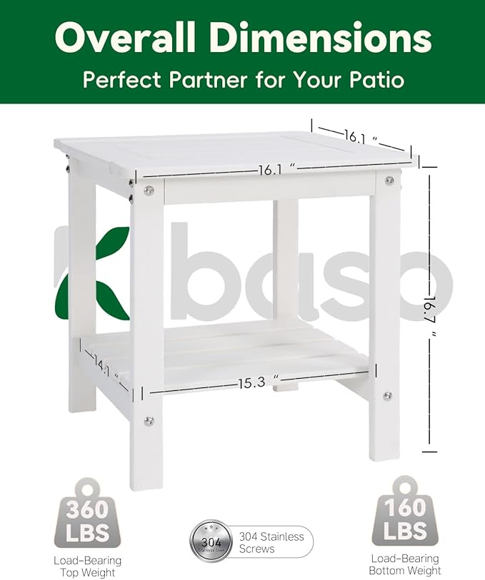 Kibaso-Adirondack Outdoor Side Table, 2-Tier HDPE Outdoor End Table, Weather Resistant Easy Maintenance, Small Patio Side Table for Patio, Pool, Porch, Garden, Lawn, and Living Room (1, White)