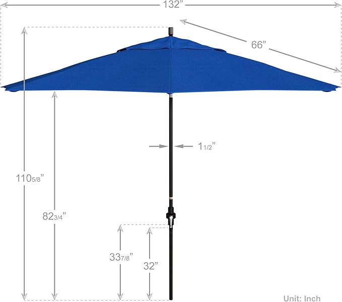 California Umbrella 11Ft Premium Patio Umbrella, Hand-Crank, Tilt-Collar, Bronze Frame, Solution Dyed Royal Blue Fabric