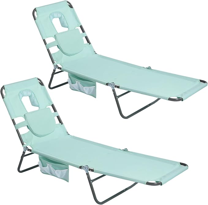 SUNNYFEEL Lay Flat Tanning Chair 2 Pack with Face Down Hole & Arm Slots, Beach Lounge Chair, 5-Position Folding Sunbathing Chair, 300 LBS Heavy Duty, 72" L x 22" W for Beach, Pool, Camping