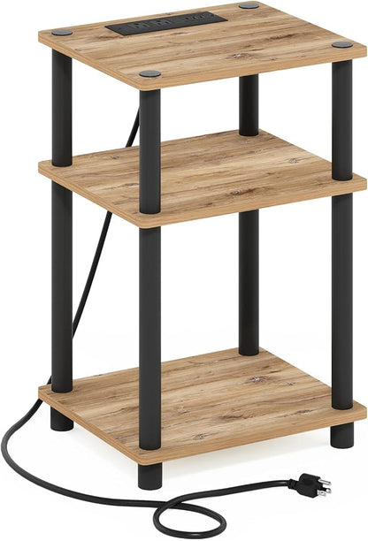 Furinno Just 3-Tier Turn-N-Tube USB and Type-C Charging Port End Table with Open Storage, 11.42 (W) x 8.82 (H) x 6.77 (D) inches, Flagstaff Oak/Black