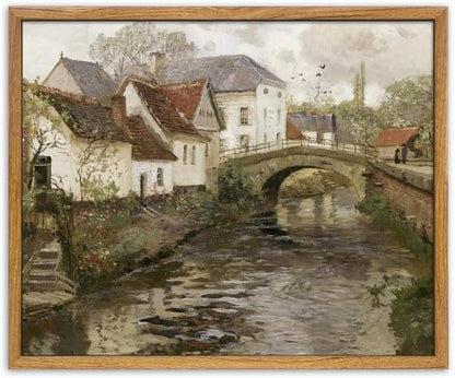 UPWOIGH Vintage Framed Wall Art,12"x16" Country Oil Painting,Belgian Village Canal Print,European City,Rustic Wall Decor,Antique Painting,Moody Autumn Farmhouse Artwork for Living Room Bedroom,1Pack