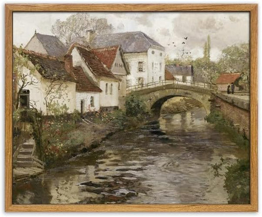 UPWOIGH Vintage Framed Wall Art,12"x16" Country Oil Painting,Belgian Village Canal Print,European City,Rustic Wall Decor,Antique Painting,Moody Autumn Farmhouse Artwork for Living Room Bedroom,1Pack