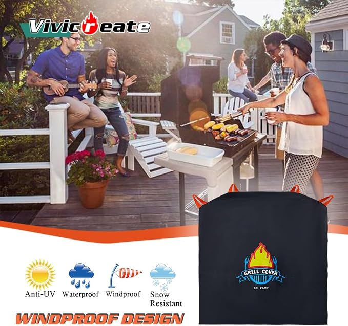 Vivicreate Waterproof BBQ Grill Cover 48 Inch Heavy Duty 420D Fabric Outdoor Barbecue Cover Weatherproof UV Protection Windproof Fits Weber Char-Broil Nexgrill Traeger Smoker Parrilla