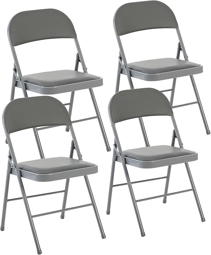 DUMOS 4 Pack Folding Chairs with Padded Cushion and Back - PU Leather Stackable Portable Dining Chairs Set, for Home and Office, Conference, Wedding, Party, Patio, Garden, for Indoor Outdoor, Grey