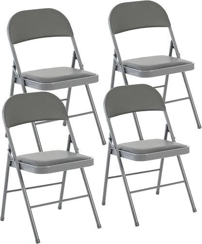 DUMOS 4 Pack Folding Chairs with Padded Cushion and Back - PU Leather Stackable Portable Dining Chairs Set, for Home and Office, Conference, Wedding, Party, Patio, Garden, for Indoor Outdoor, Grey