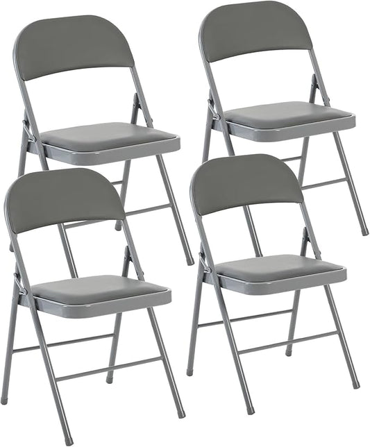 DUMOS 4 Pack Folding Chairs with Padded Cushion and Back - PU Leather Stackable Portable Dining Chairs Set, for Home and Office, Conference, Wedding, Party, Patio, Garden, for Indoor Outdoor, Grey