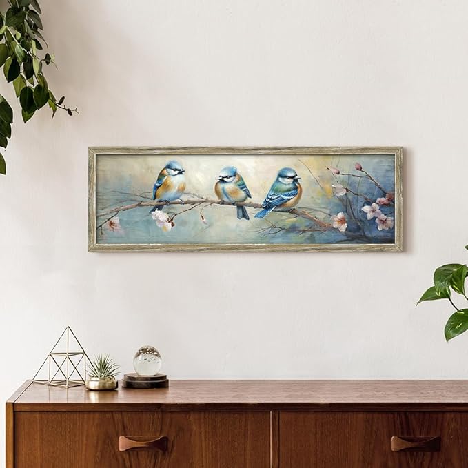 Rustic BlueBird Wooden Wall Art: Colorful Bird Framed Painting Vintage Sparrow Picture Cute Chickadee on Flower Branch Prints Countryside Artwork Decor for Living Room Bedroom Farmhouse