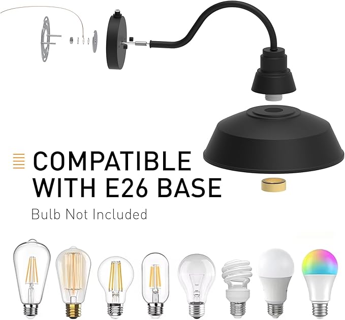 12.4" Dome Gooseneck Barn Light, Outdoor Anti-Rust&Waterproof Farmhouse Wall Sconce, Wall Lanterns for Porch/Patio, E26 Base 100W Max(Black 1-Pack Dusk to Dawn Outdoor Lighting)