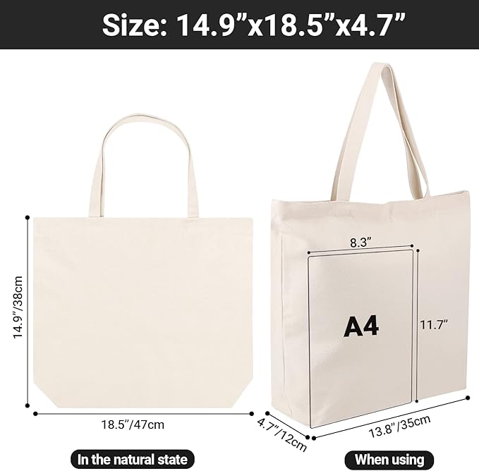 Segarty Canvas Bag with Zipper, 6 Pack 18x15in Blank Canvas Tote Bags for Women, Reusable Tote Bags Aesthetic with Natural Cotton Cloth, Shoulder Strap, Bulk for DIY Grocery Beach Travel Gift