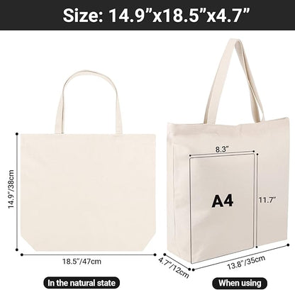 Segarty Canvas Bag with Zipper, 6 Pack 18x15in Blank Canvas Tote Bags for Women, Reusable Tote Bags Aesthetic with Natural Cotton Cloth, Shoulder Strap, Bulk for DIY Grocery Beach Travel Gift