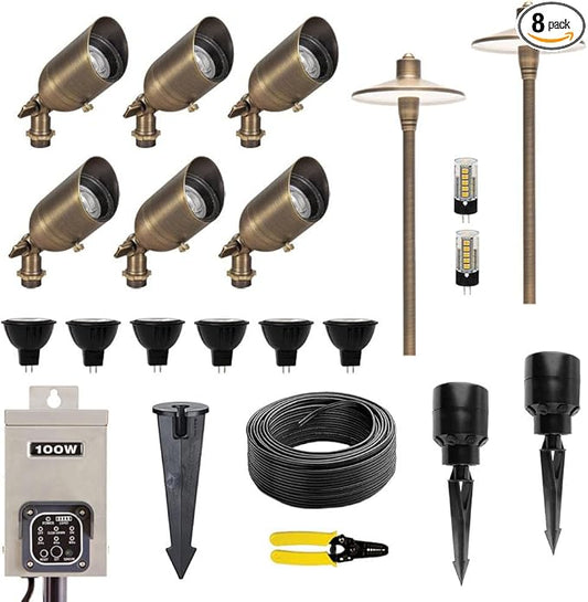 12V Brass LED Landscape Lighting Kit (6 Outdoor Spotlights, 2 Path Lights) with 100W Low Voltage Transformer for House, Yard, Lawn, Pathway, Walkway, Garden, Driveway or Patio