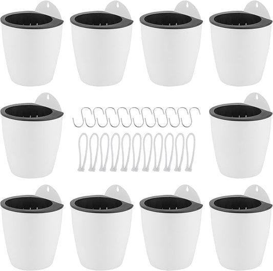 LEXININ 10 Pack 5 Inch Self Watering Hanging Planters, White Plastic Wall Mounted Plant Pots, Vertical Flower Pot for Plants
