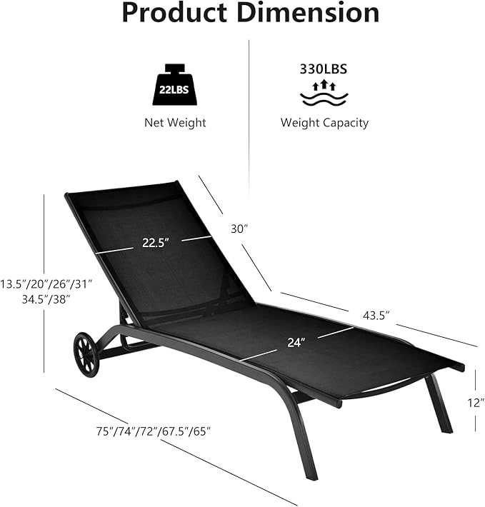 COSTWAY Outdoor Chaise Lounge with Wheels, 6-Position Adjustable Tanning Chair with Stable Aluminum Frame, Portable Sun Bathing Lounge Chair for Backyard, Garden, Poolside (Black)
