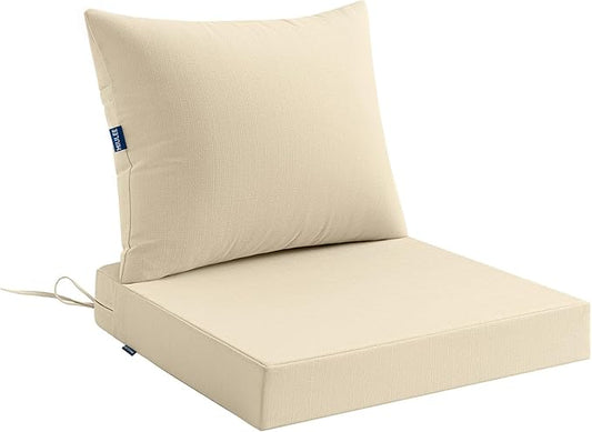 MIULEE Beige Outdoor Chair Cushion 24x24 Inch for Patio Furniture Linen Textured Waterproof & 3 Year Color Fastness Seat and Back Couch Cushion with Ties No Slip Design