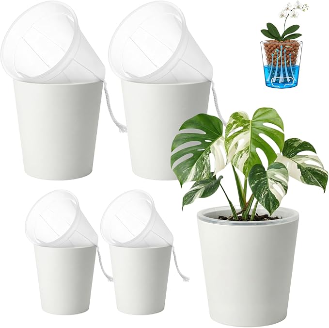 4 Pack of 7in and 5in Double-Layer Self-Watering Pot with Clear Nursery Pot - Indoor Planter with Drainage for Root Visibility,semi Hydro pots for repotting Orchids,Aroid or Monstera,White