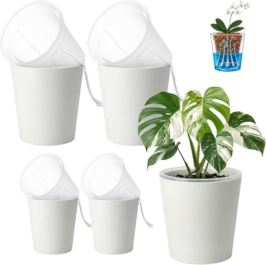 4 Pack of 7in and 5in Double-Layer Self-Watering Pot with Clear Nursery Pot - Indoor Planter with Drainage for Root Visibility,semi Hydro pots for repotting Orchids,Aroid or Monstera,White