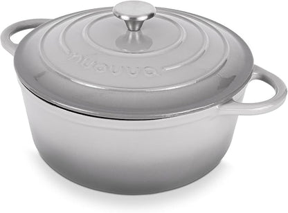 Nuovva Enamelled Cast Iron Dutch Oven Pot with Lid-6.4 Quart Non Stick Casserole Pot-Heavy Duty & Oven Safe up to 500° F for Bread Baking, Braising, Stews, Roasting - 28cm Grey