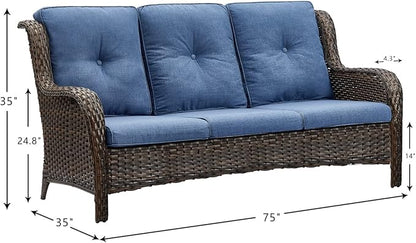 HUMMUH Outdoor Furniture 4 Pieces Patio Furniture Set Wicker Outdoor Sectional Sofa with 2 Patio Chairs,Coffee Table(Grey/Blue)