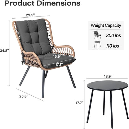 LAUSAINT HOME 3 Piece Outdoor Bistro Set, Small Patio Furniture Set with Coffee Table and Thick Cushions, Front Porch Furniture for Lawn, Garden, Balcony, Poolside, Black