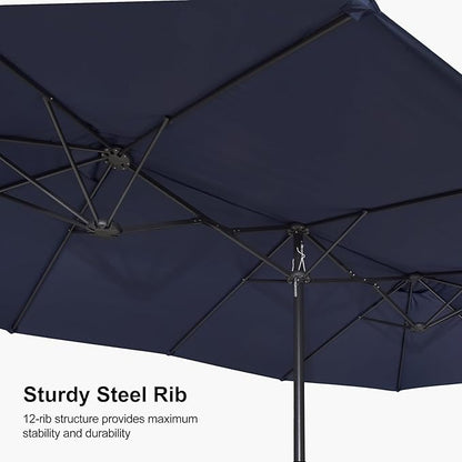 PURPLE LEAF 15ft Patio Market Umbrella with Base Double-Sided Rectangle Outdoor Table Sun Umbrellas with Crank 12 Heavy Duty Sturdy Ribs for Pool Beach Deck Backyard Navy Blue