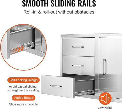 VEVOR BBQ Island Drawers 38.1W x 22.6H x 20.8D, Outdoor Kitchen Door Drawer Combo Cabinets, BBQ Access Door/Triple Drawers Combo, Stainless Steel Handles, Perfect for BBQ Island Patio Grill Station