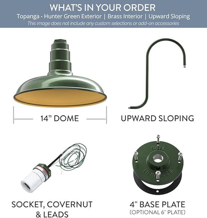 Steel Lighting Co. Topanga Barn Light | Outdoor Wall Mounted | 14 inch Dome | Upward Sloping Gooseneck | Farmhouse Garage Light Made in America | Hunter Green Exterior/Brass Interior