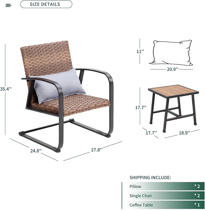 Naga Bahna 3-Piece Outdoor Wicker Patio Conversation Bistro Set, All-Weather Rattan Patio Furniture Set with Table & Pillows, Metal Frame Outdoor Sectional Sofa for Patio, Balcony, Backyard