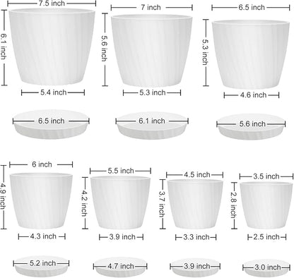 YNNICO 7 pcs Plant Pots with Drainage Holes and Saucers, Indoor Planters, Set of 7 (7.5, 7, 6.5, 6, 5.5, 4.5, 3.5 Inches), White
