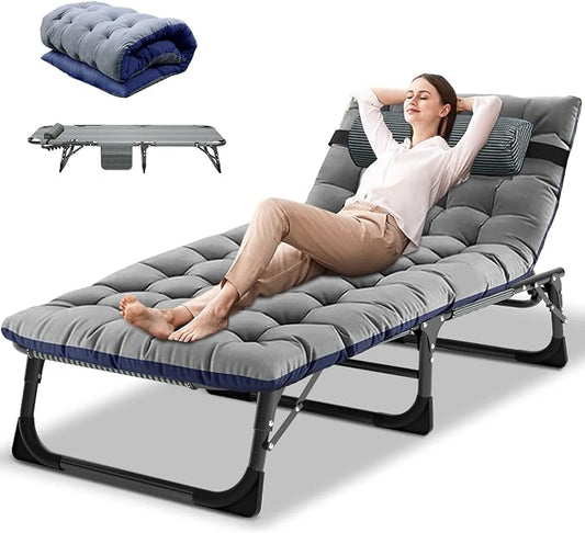DoCred Folding Lounge Chair with Mattress, 5 Position Adjustable Folding Sleeping Bed Cot Chaise Lounge Chairs Perfect for Sunbathing, Camping, Pool, Beach, Patio