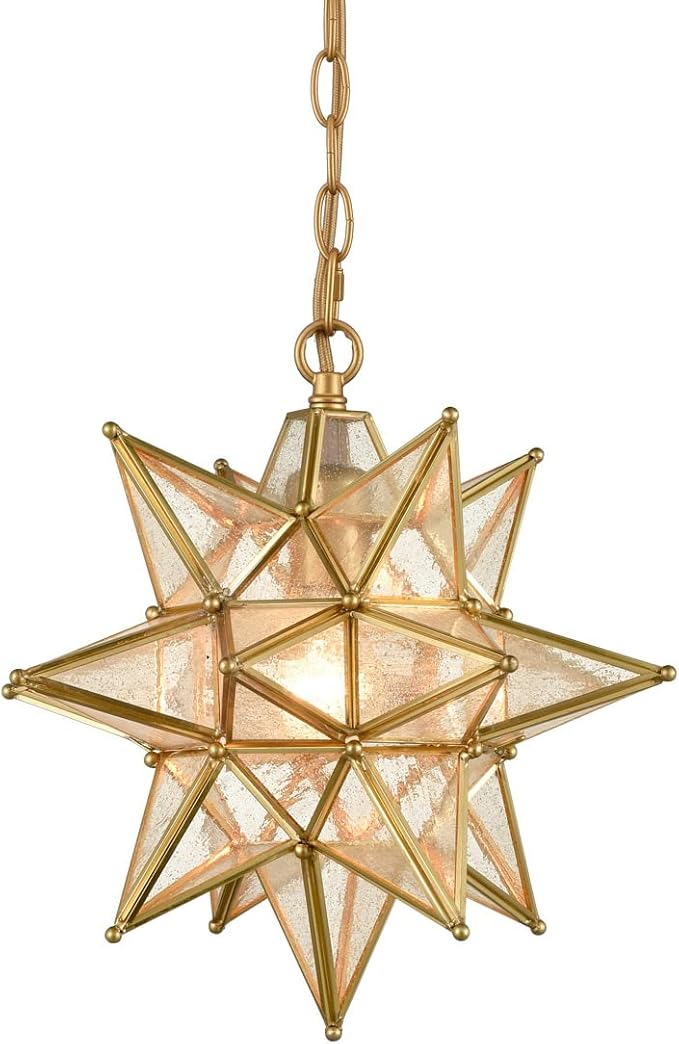 DIRYZON Modern Moravian Star Pendant Light Gold Hanging Ceiling Light Seeded Glass Pendant Lighting for Kitchen Island，13-Inch