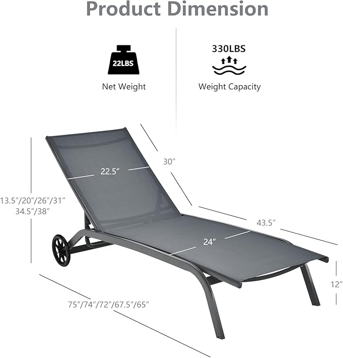 COSTWAY Outdoor Chaise Lounge with Wheels, 6-Position Adjustable Tanning Chair with Stable Aluminum Frame, Portable Sun Bathing Lounge Chair for Backyard, Garden, Poolside (Grey)