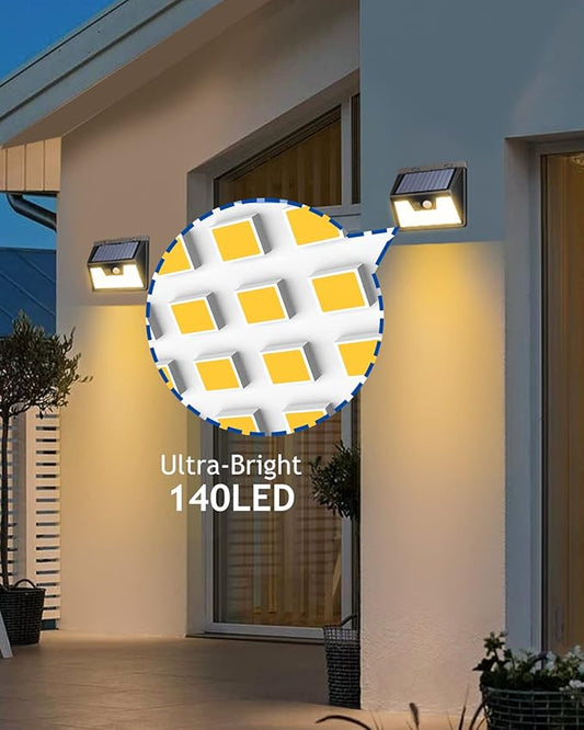 Peasur Solar Lights Outdoor Waterproof [1 Pack/140LED], Warm White Motion Sensor Lights Dusk to Dawn, 3 Modes Solar Fence Security Lighting for Wall Garden Yard Stair Outside