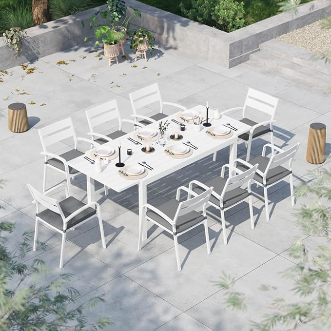 Soleil Jardin 9-Piece Outdoor Patio Dining Set, 59" - 83" Aluminum Expandable Outdoor Dining Table Set for 8, 8 Stackable Chairs with Gray Removable Cushions, White